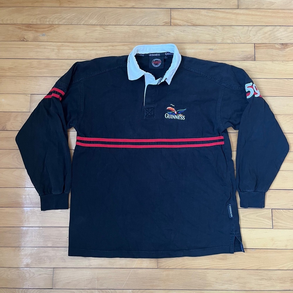 Guinness Mens Long Sleeve Rugby Shirt Black Red Toucan 1759 Patch Size M